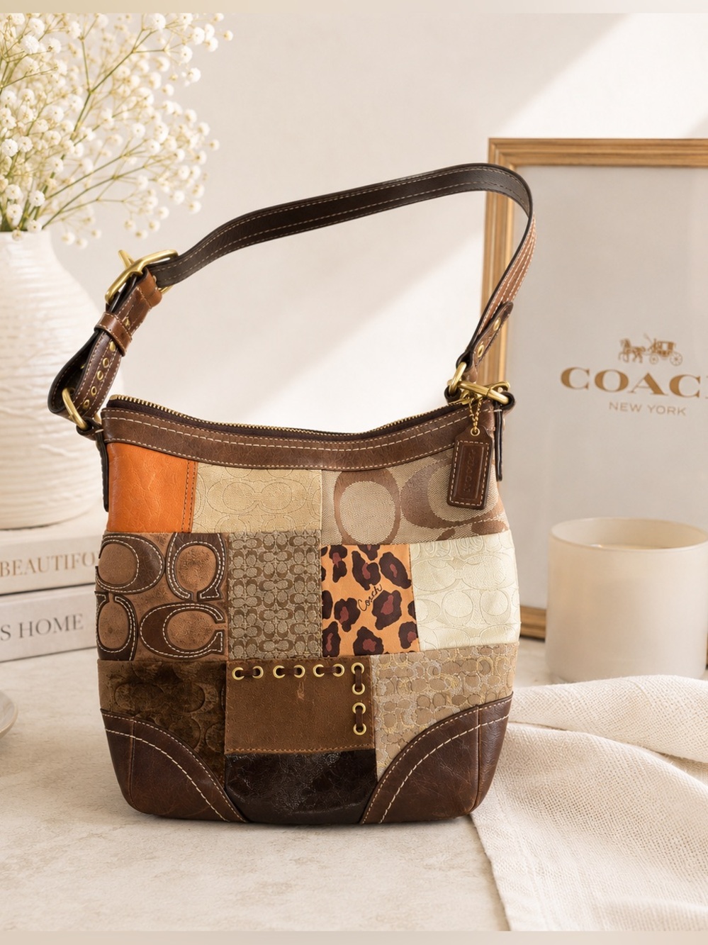 Coach Patchwork Signature Crossbody Bag Brown Animal Print Suede RARE F12840